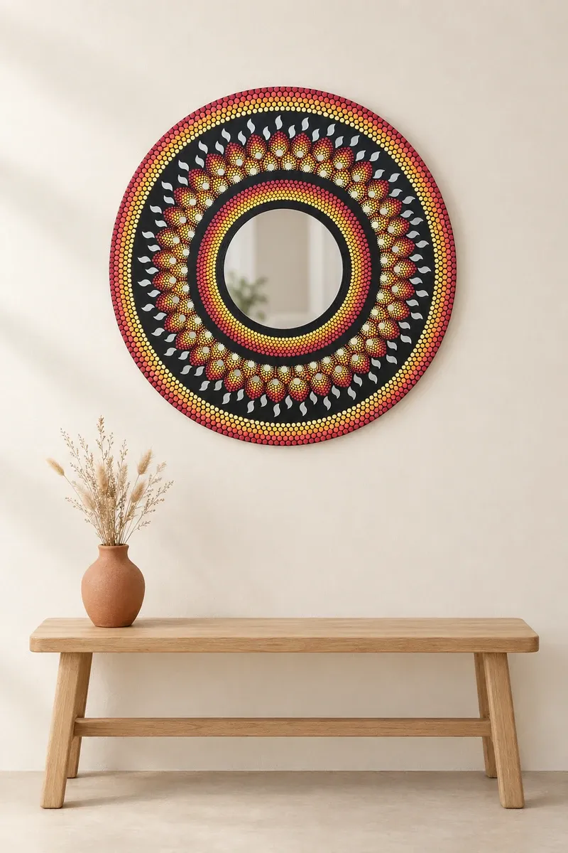 Ember Petal Mirror hanging on a plain wall above a wooden bench