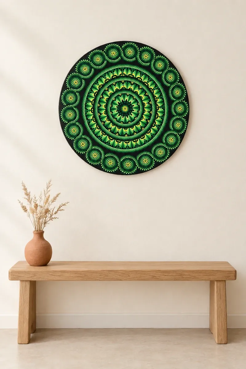 Emerald Bloom hanging on a plain wall above a wooden bench