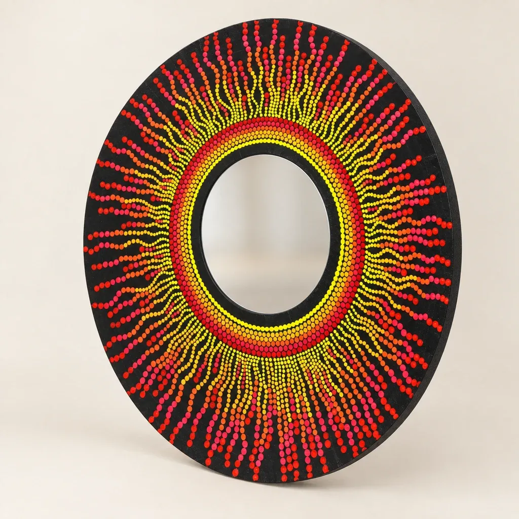 Solar Flare Mirror seen from an angle, showing the raised dots and the edge