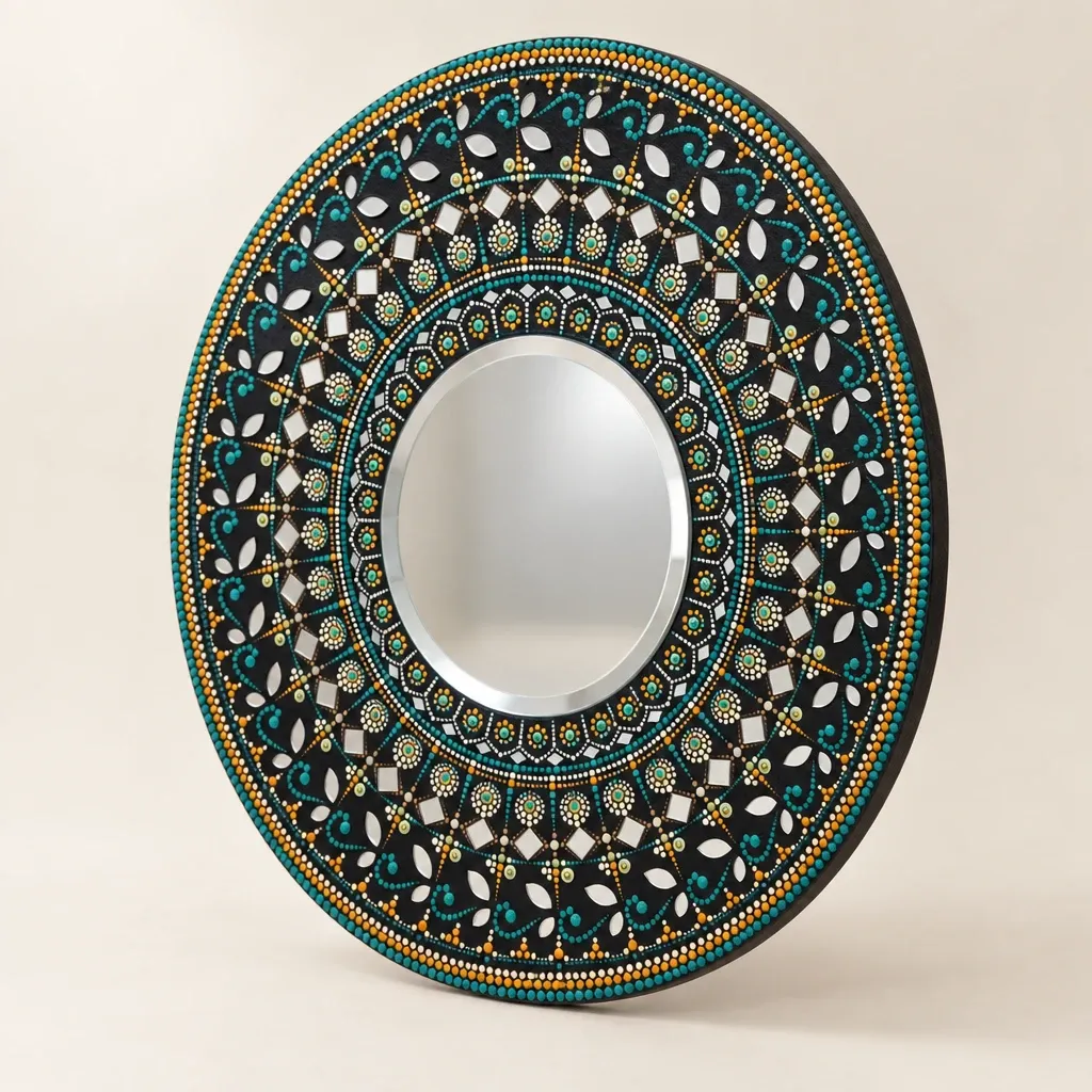 Moonwell Mirror seen from an angle, showing the raised dots and the edge
