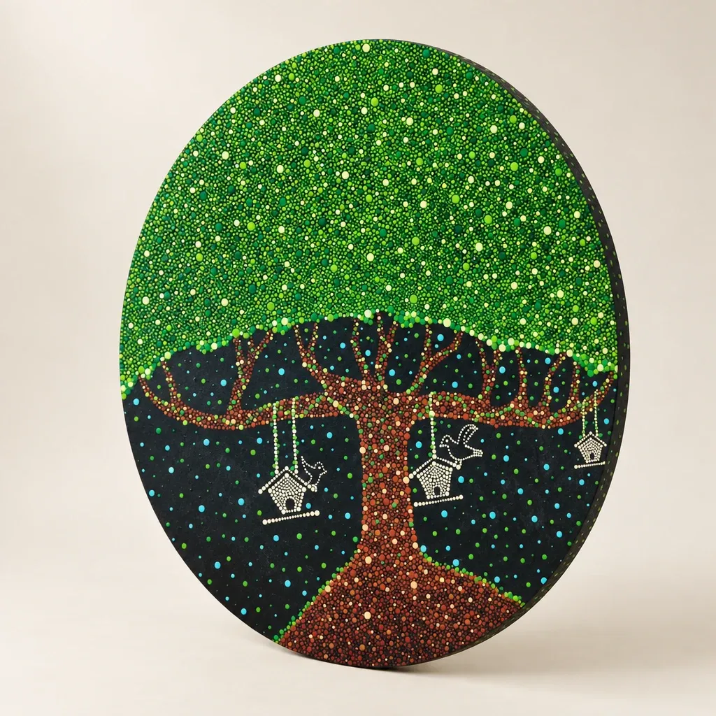 Tree of Wishes III seen from an angle, showing the raised dots and the edge
