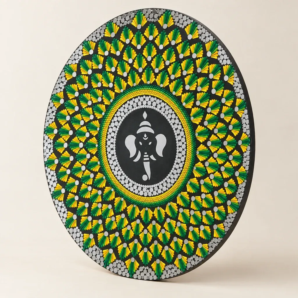 Gajanana in Green seen from an angle, showing the raised dots and the edge