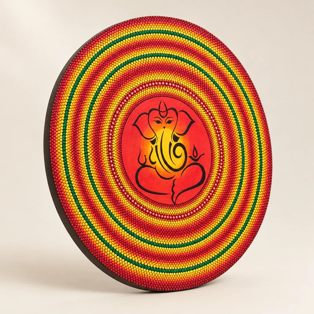 Ganesha in Rings of Light seen from an angle, showing the raised dots and the edge