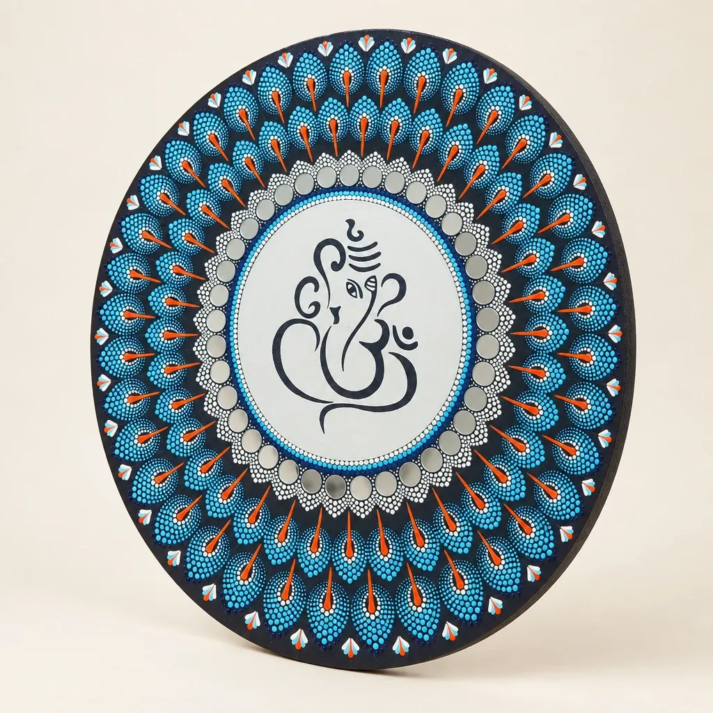 Peacock Ganesha seen from an angle, showing the raised dots and the edge
