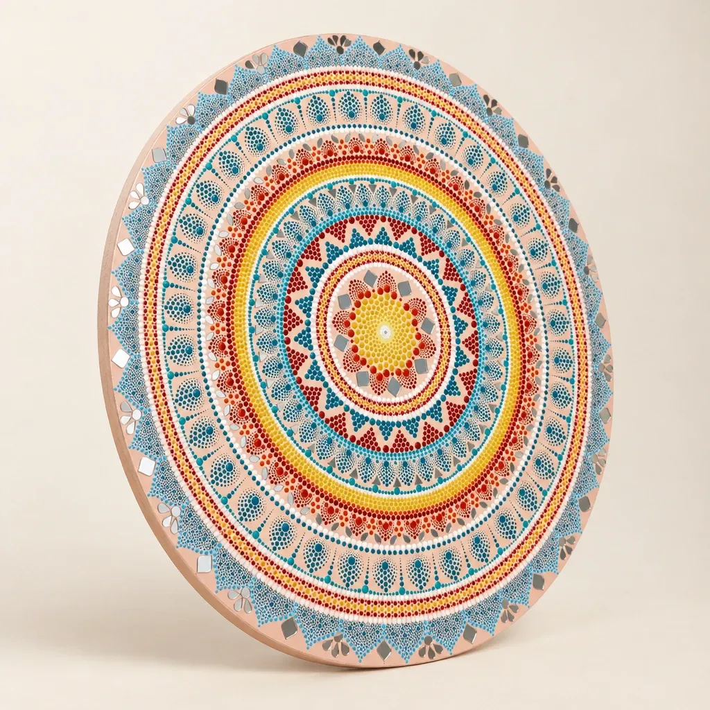 Summer Rangoli seen from an angle, showing the raised dots and the edge