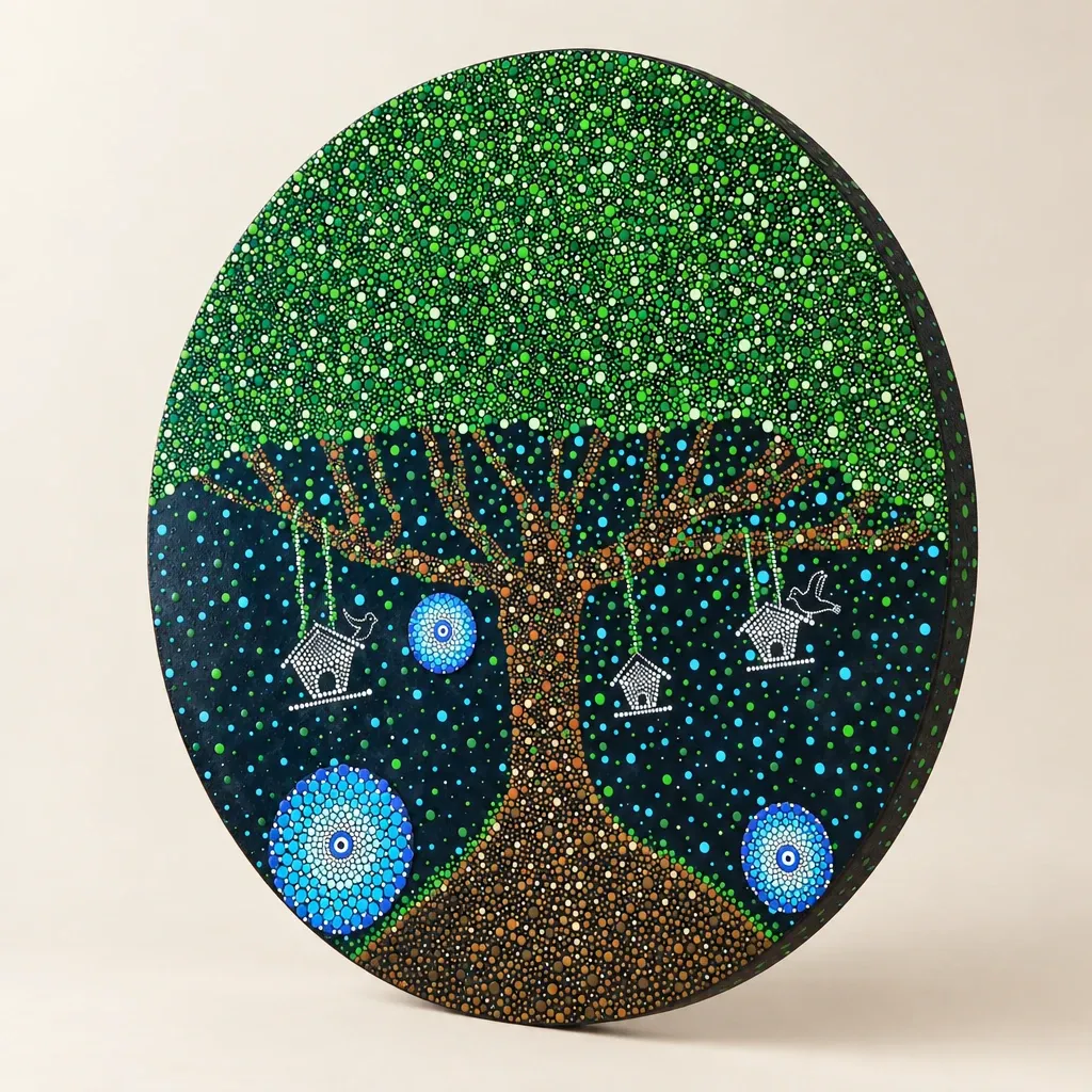 Tree of Wishes seen from an angle, showing the raised dots and the edge