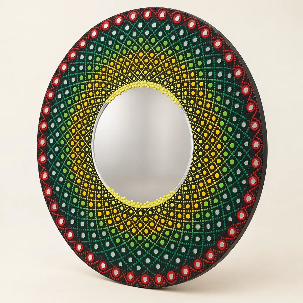 Green Lattice Mirror seen from an angle, showing the raised dots and the edge