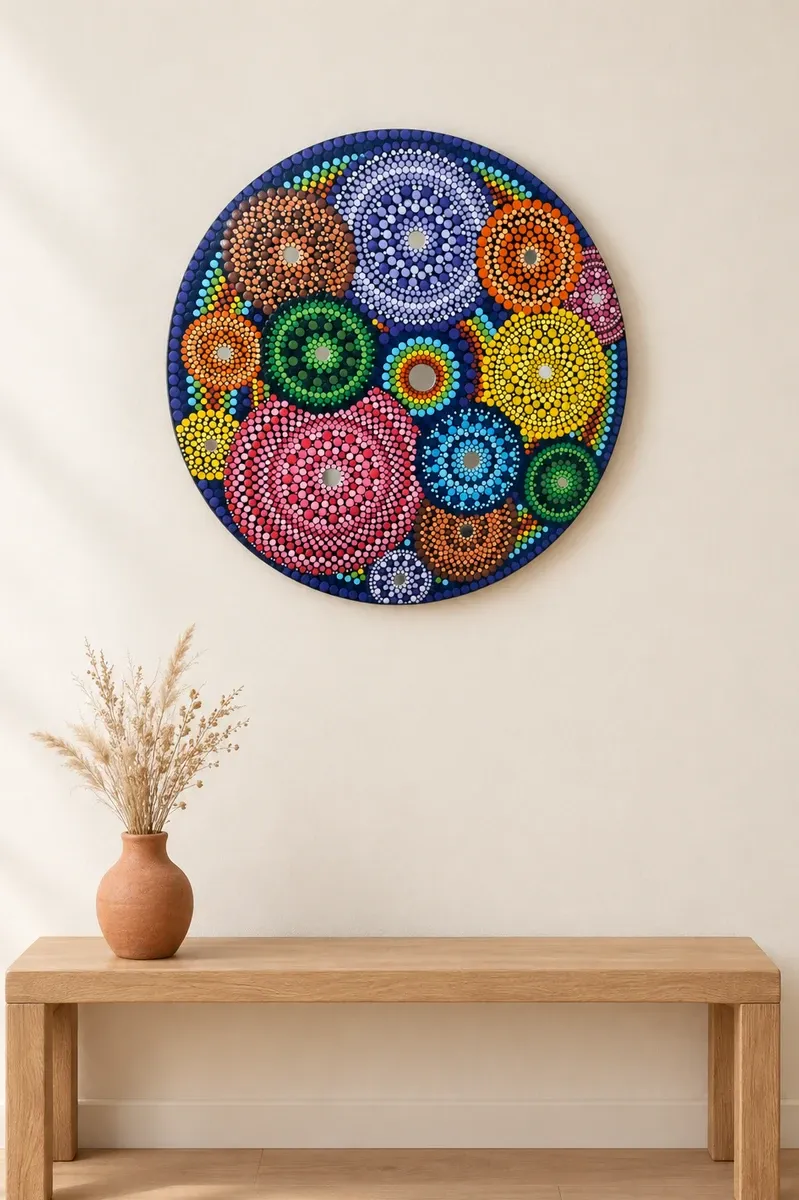 Garden of Small Worlds, 20 inches, hanging above a wooden bench