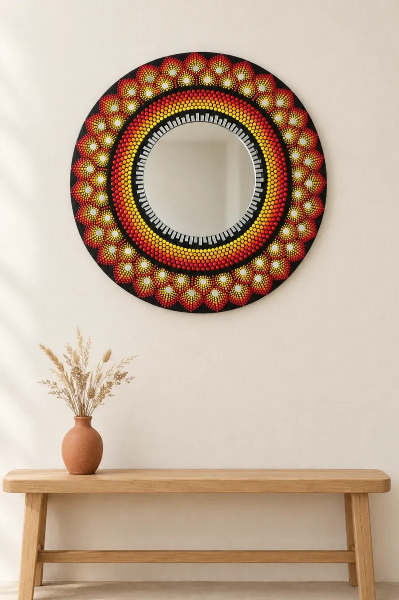 Sunflare Mirror, 24 inches, hanging above a wooden bench
