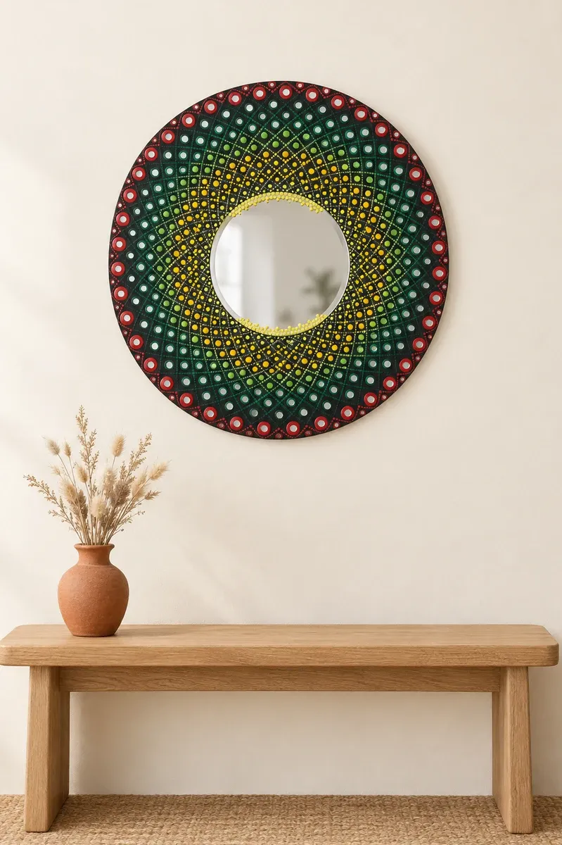 Green Lattice Mirror, 24 inches, hanging above a wooden bench
