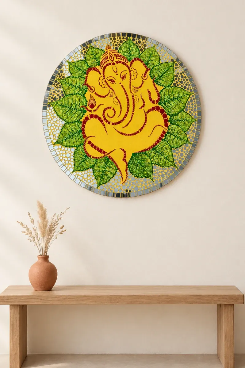 Pipal Leaf Ganesha, 22 inches, hanging above a wooden bench