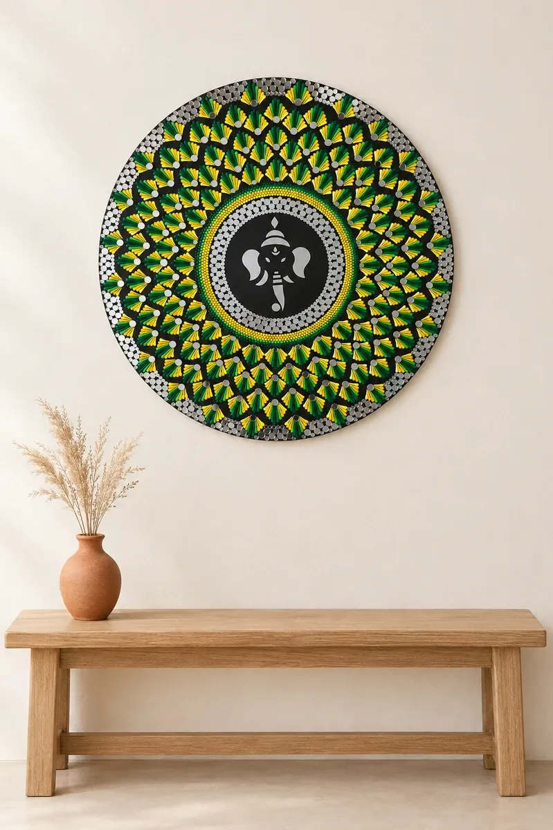 Gajanana in Green, 24 inches, hanging above a wooden bench