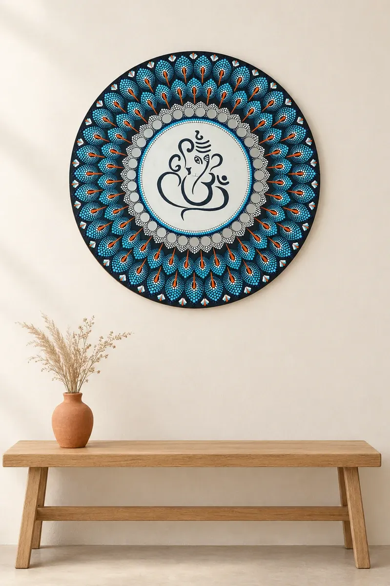 Peacock Ganesha, 24 inches, hanging above a wooden bench