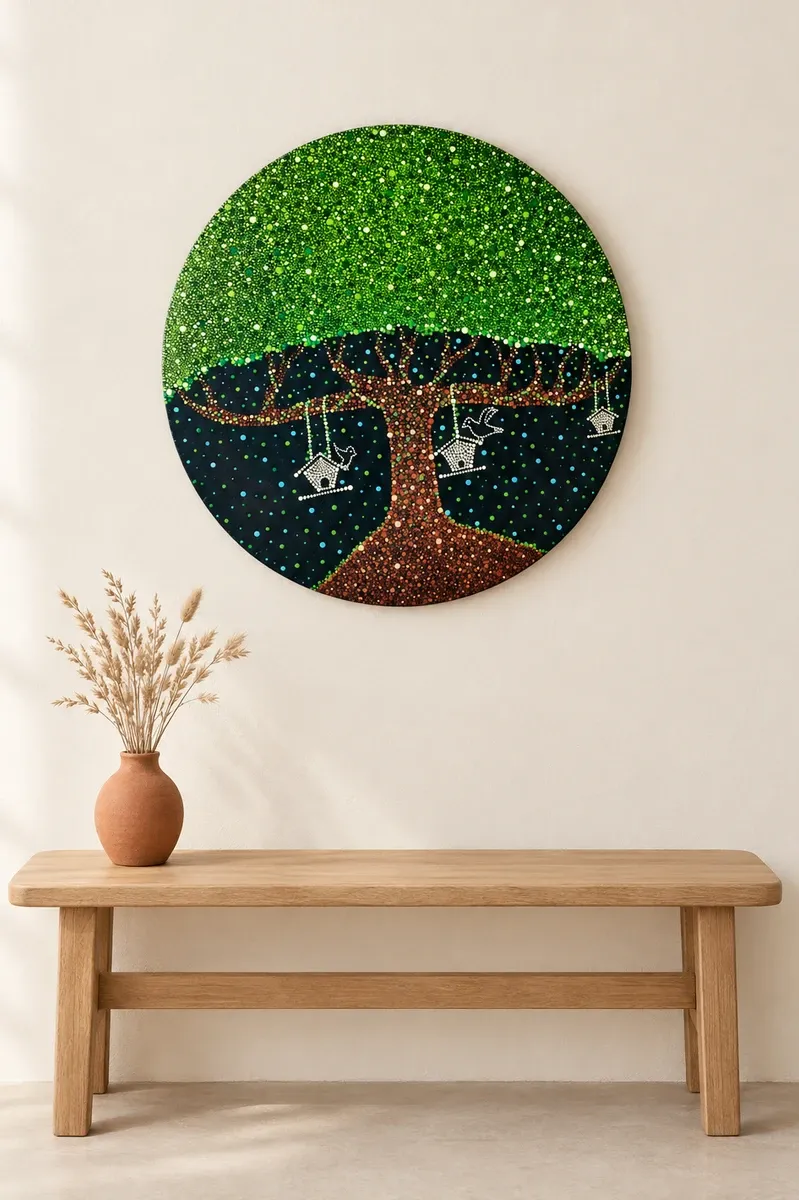 Tree of Wishes III, 22 inches, hanging above a wooden bench