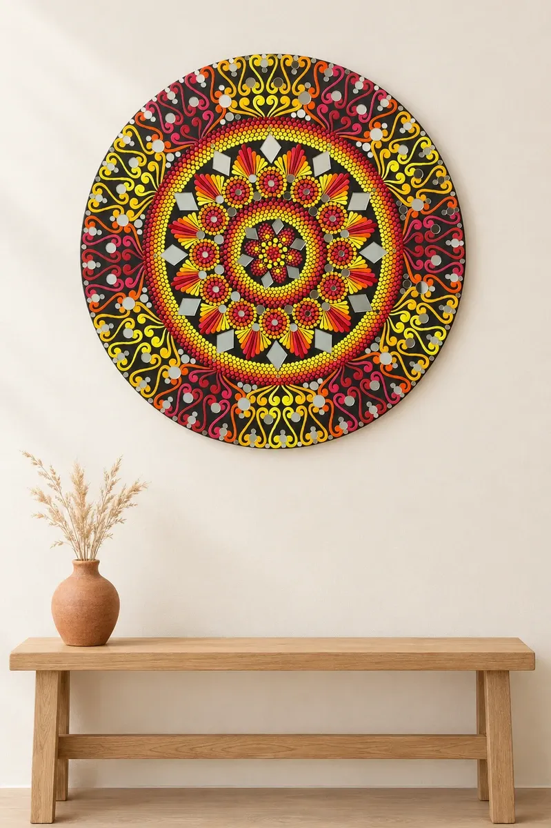 Fire Lotus, 24 inches, hanging above a wooden bench