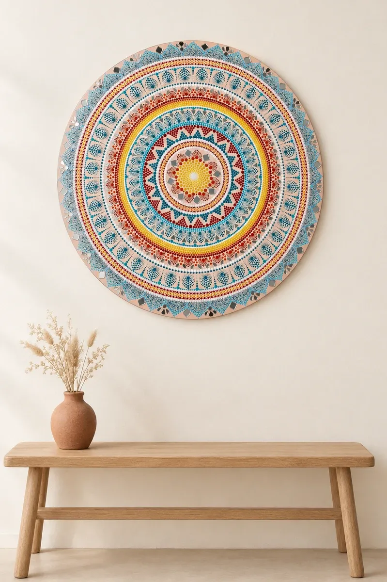 Summer Rangoli, 22 inches, hanging above a wooden bench