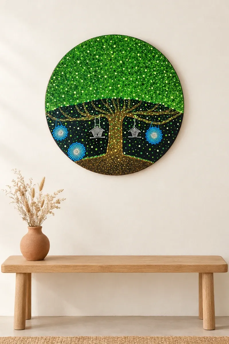 Tree of Wishes II, 22 inches, hanging above a wooden bench