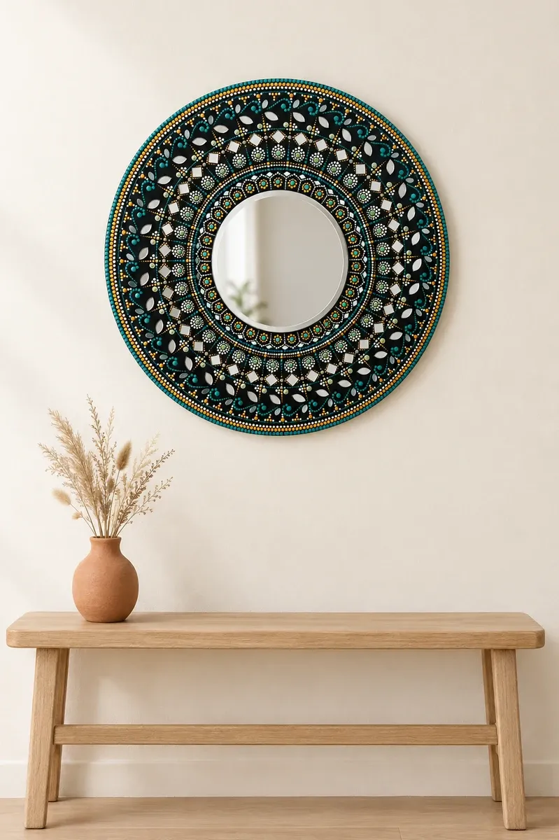 Moonwell Mirror, 16 inches, hanging above a wooden bench