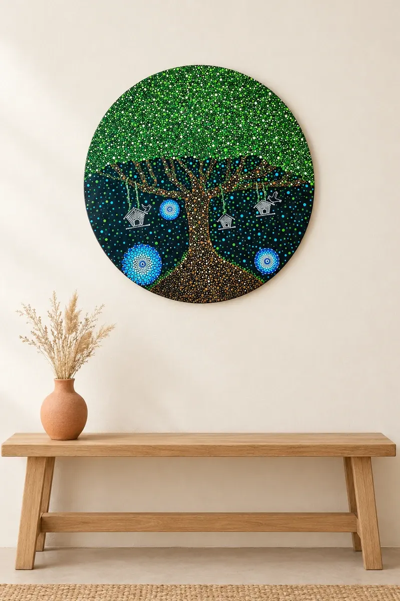 Tree of Wishes, 22 inches, hanging above a wooden bench