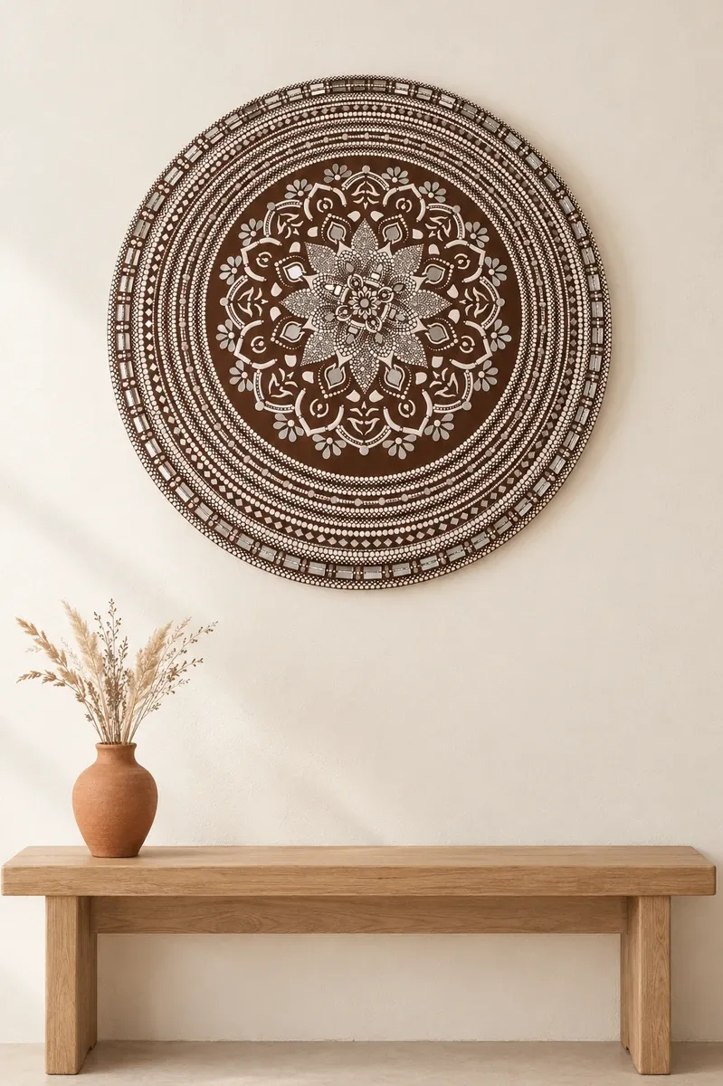 Cocoa Lace, 24 inches, hanging above a wooden bench